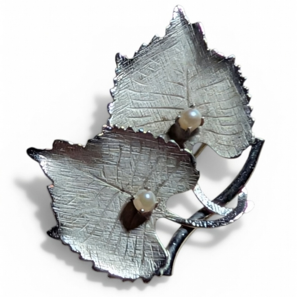 Vintage Carl-Art Sterling Twin Aspen Leaves Brooch w/ 2 Cultured Pearls 1940s